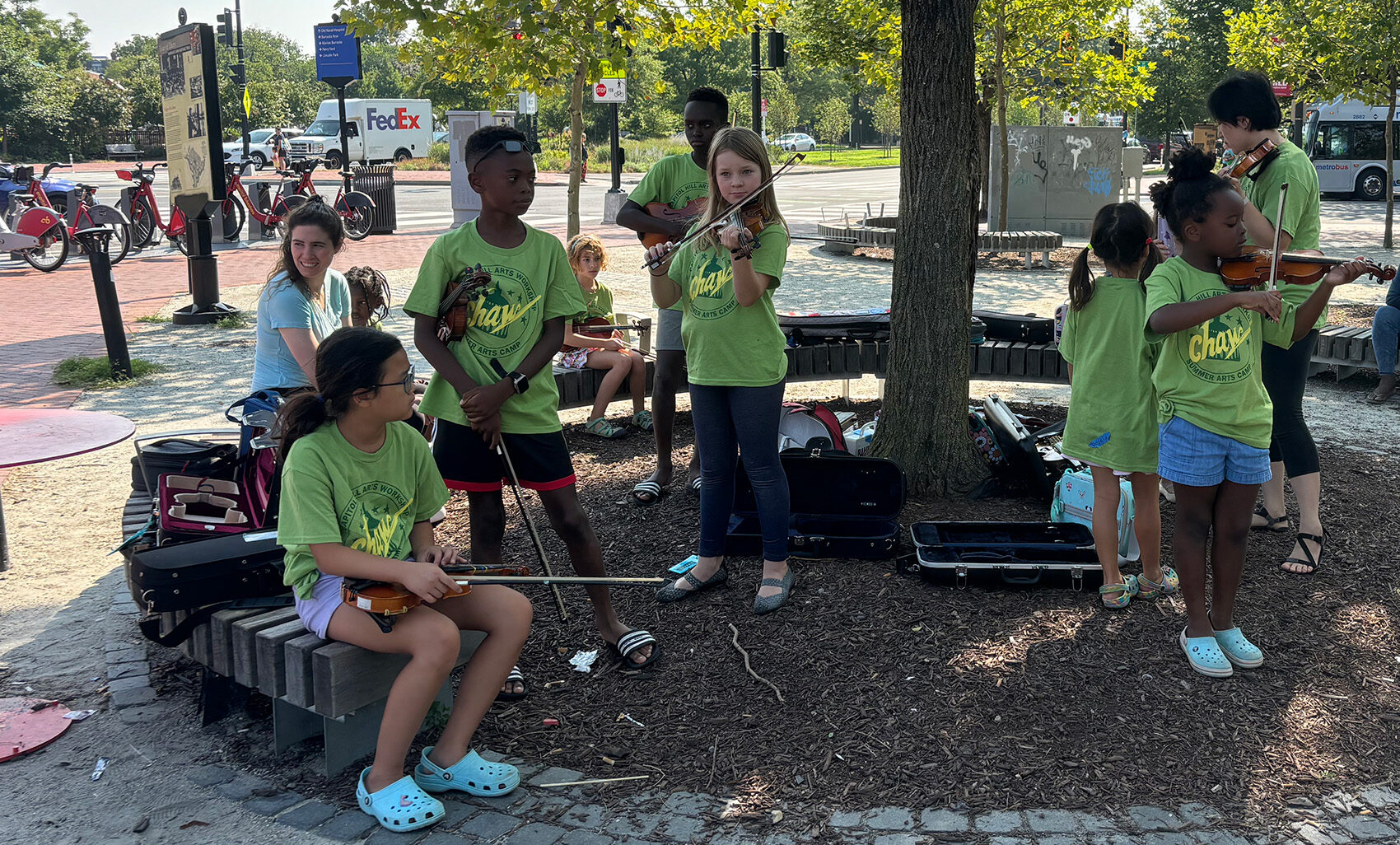 String Fling 2024 students preparing for a flash mob